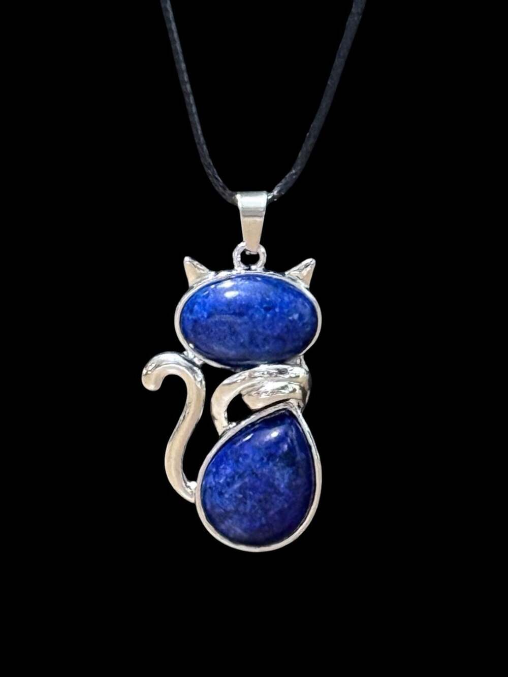 Lapis Lazuli Crystal Cat Pendant Black Cord Necklace - Picture 1 of 3